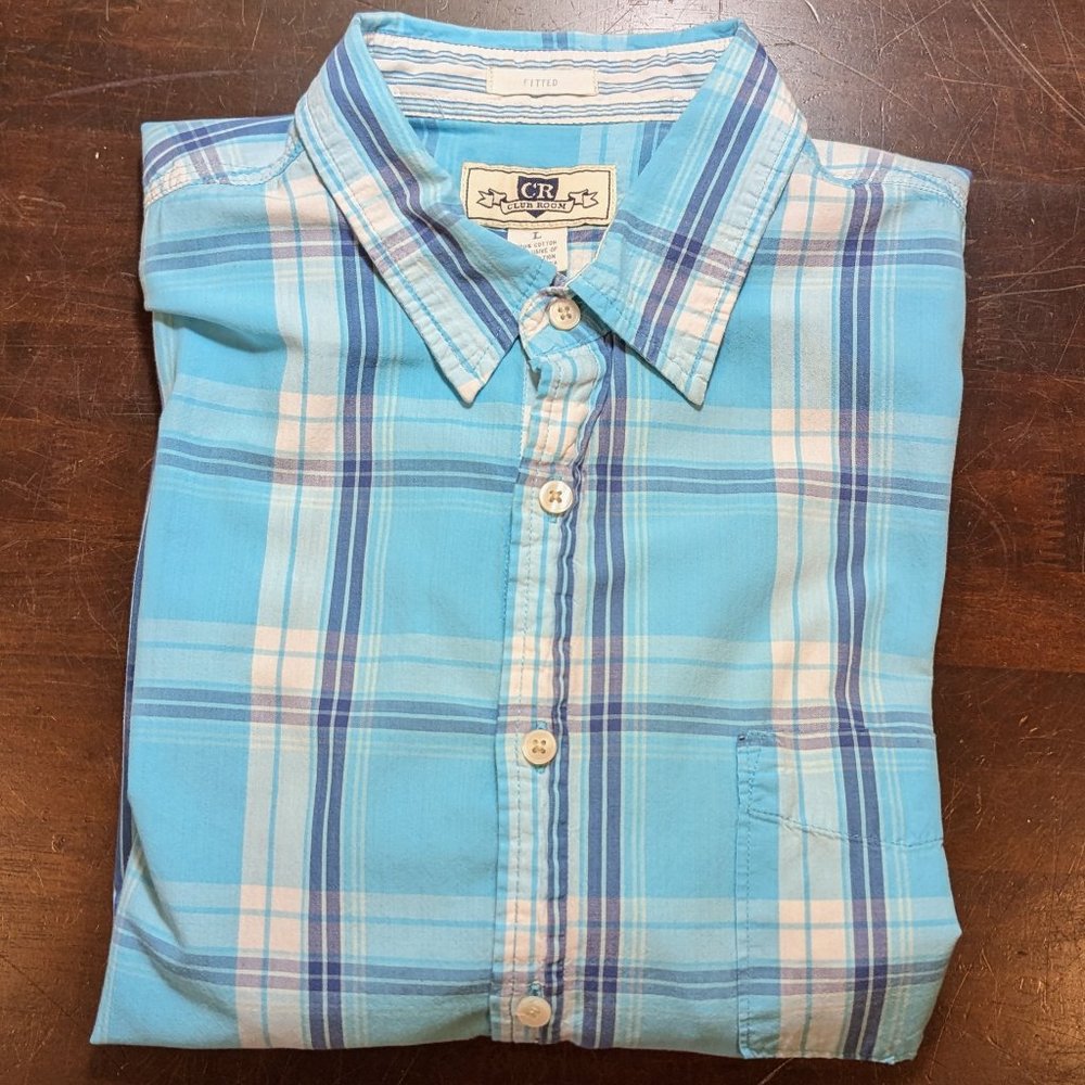 Club Room Men's Blue Plaid Long Sleeve Shirt | Size L